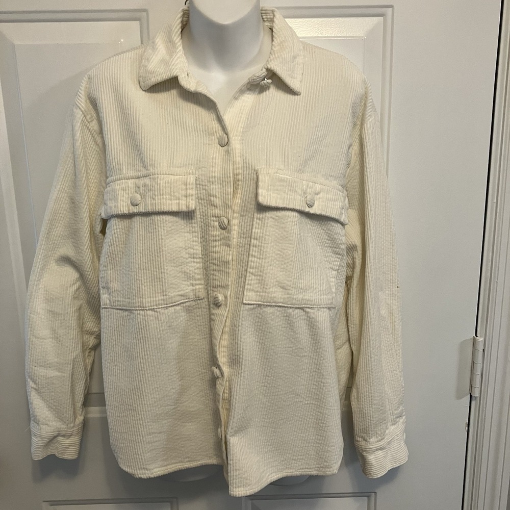 Pull & Bear Shirt Women's Sz Small Ivory/Cream Wide Wale Corduroy Button Up